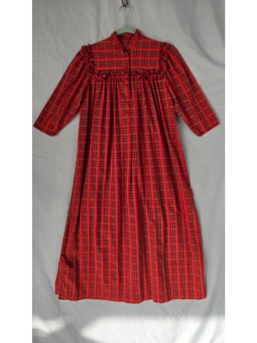 Handmade Dress Womens Medium Red Plaid High Neck Ruffle 3/4 Sleeve Midi Prairie